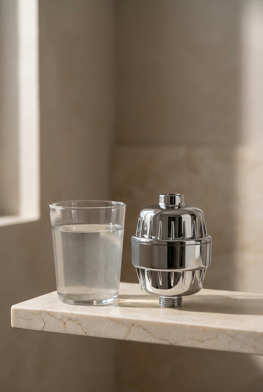 A cloudy glass of unfiltered water beside the filter